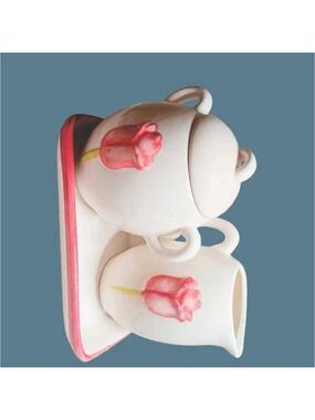PAI China Tea Set-Pink Tulip Ceramic Sugar & Creamer on Tray, Vintage Floral